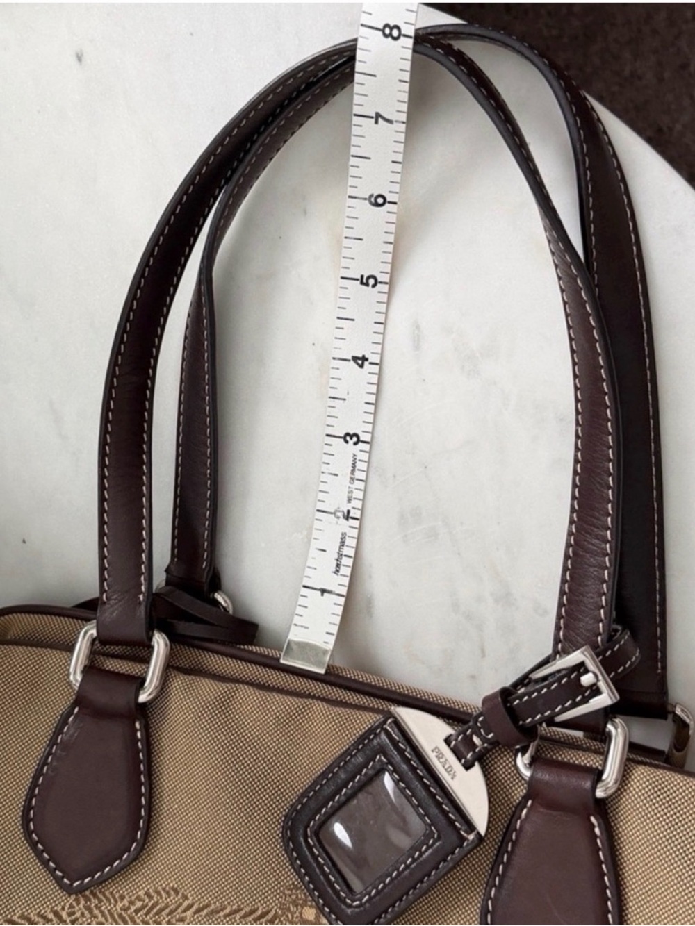 Prada Beige and Dark Brown Canvas Leather Satchel Vintage - Picture 7 of 10